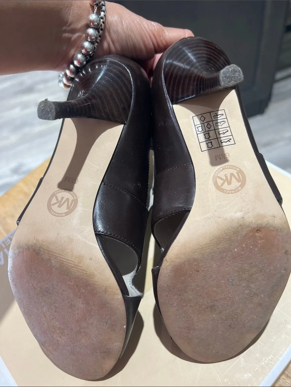 Michael Kors Dark Brown Leather Peep-Toe Cutout Heels with Gold Plaque